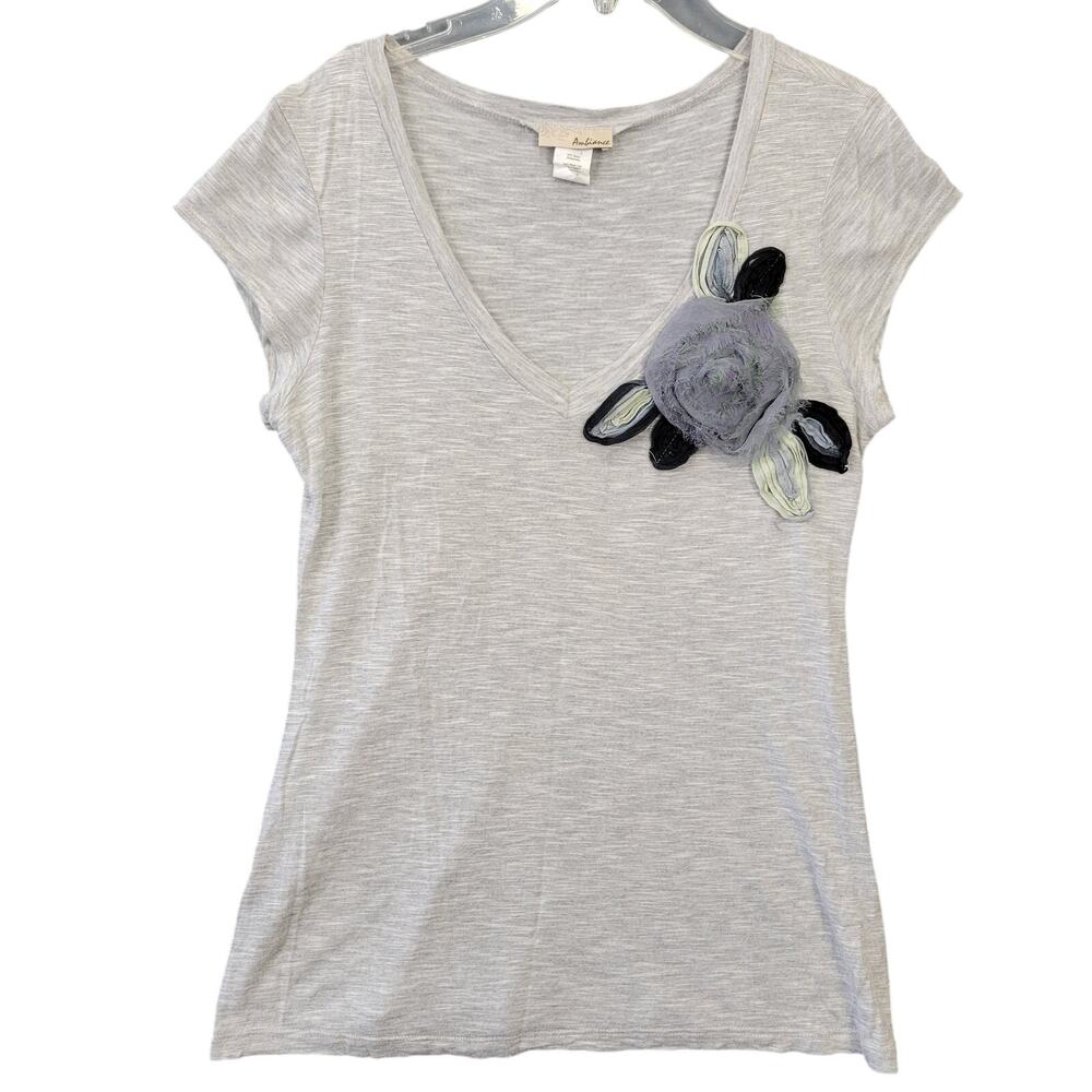 Ambiance Shirt Gray Stretch Preppy Floral Short Cap Sleeves V-Neck Women Size XL